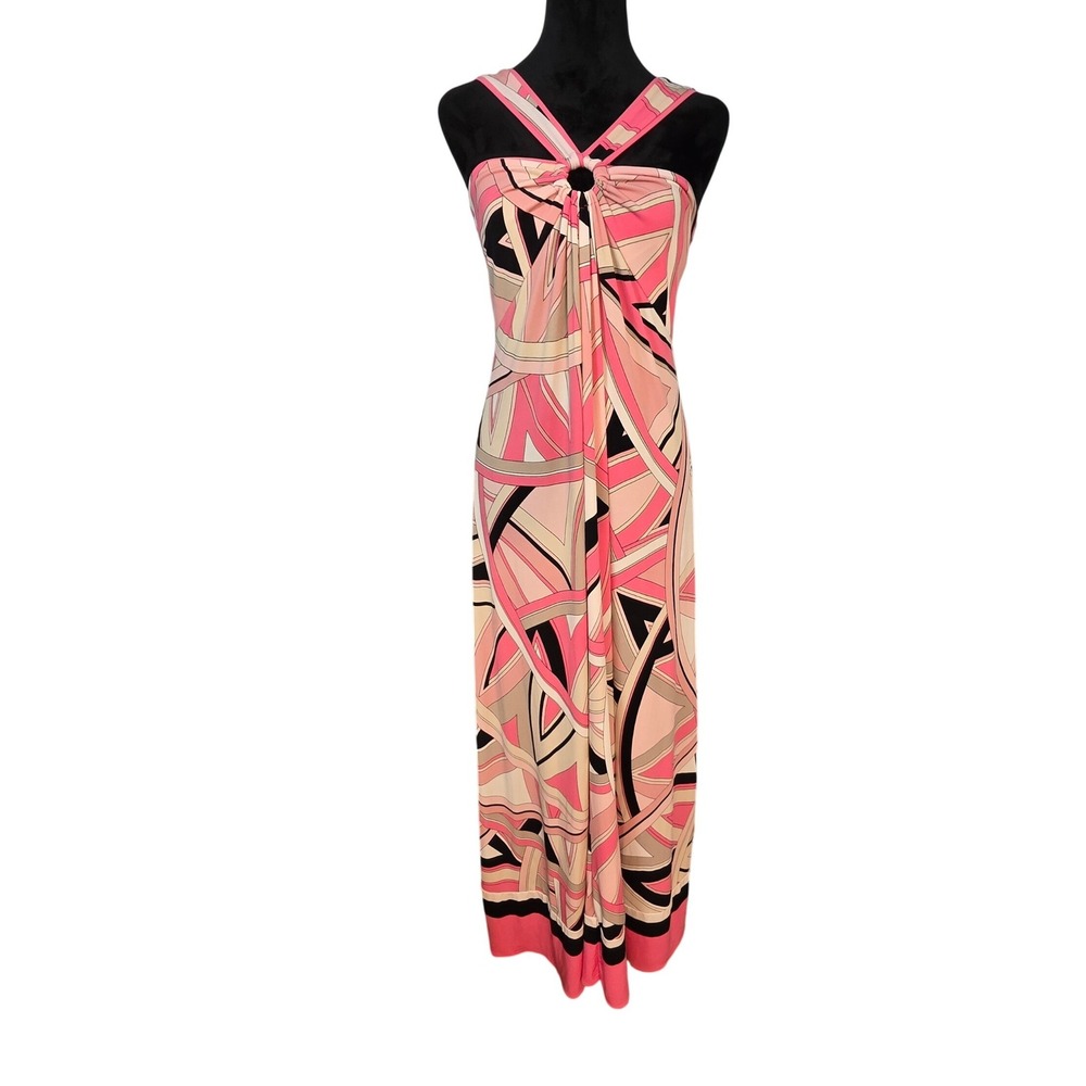 New York & Company Pink Abstract Geometric O-Ring Halter Maxi Dress Small